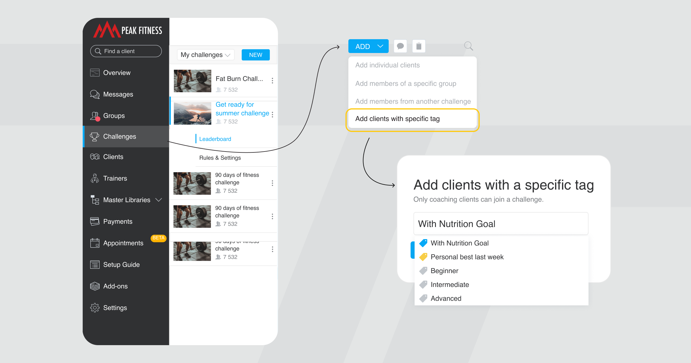 In-app screenshot of adding multiple clients from within the challenges page