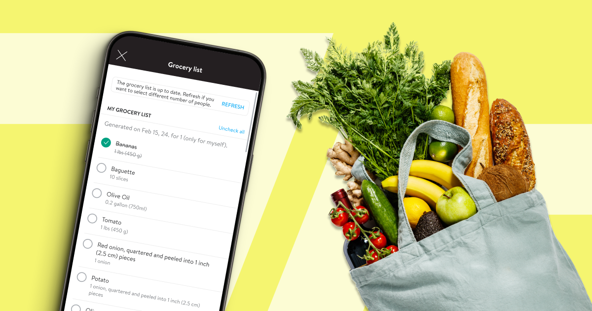Screenshot of grocery shopping list feature in-app with a bag of groceries