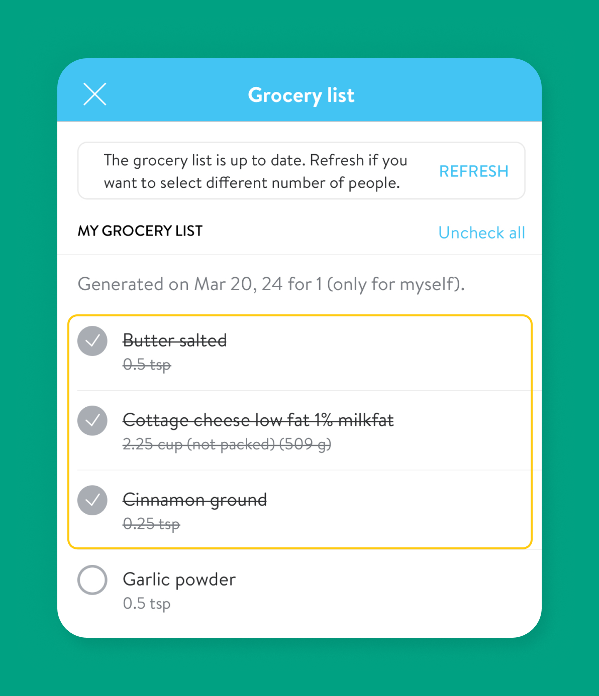 Screenshot of grocery shopping list checkboxes