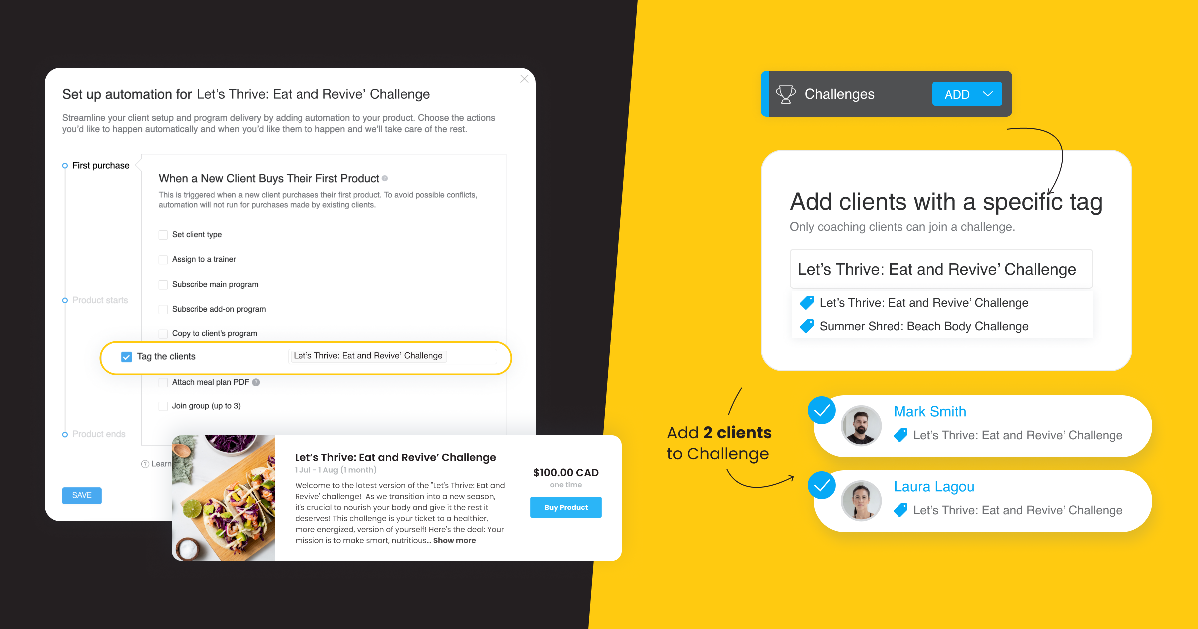 In-app screenshot of a challenge screenshot and adding clients to a challenge with a specific tag
